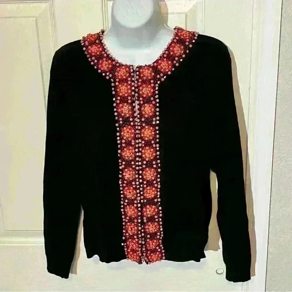 Vintage Victor Costa Womens Floral Beaded Sequin Rayon Cardigan Sweater XS